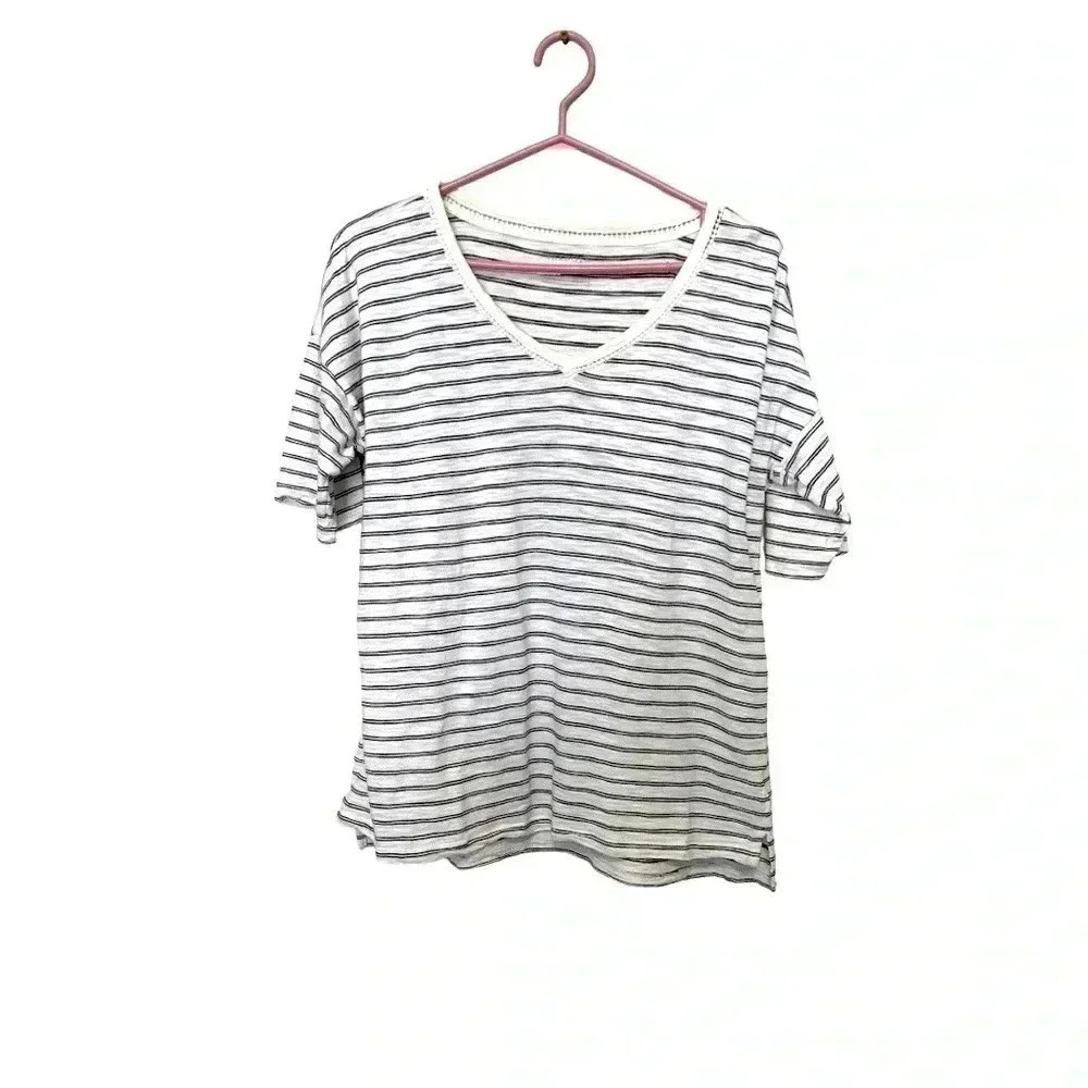 Talbots 50%  cotton/50% modal, lightweight hi-lo, white w black stripes T-shirt